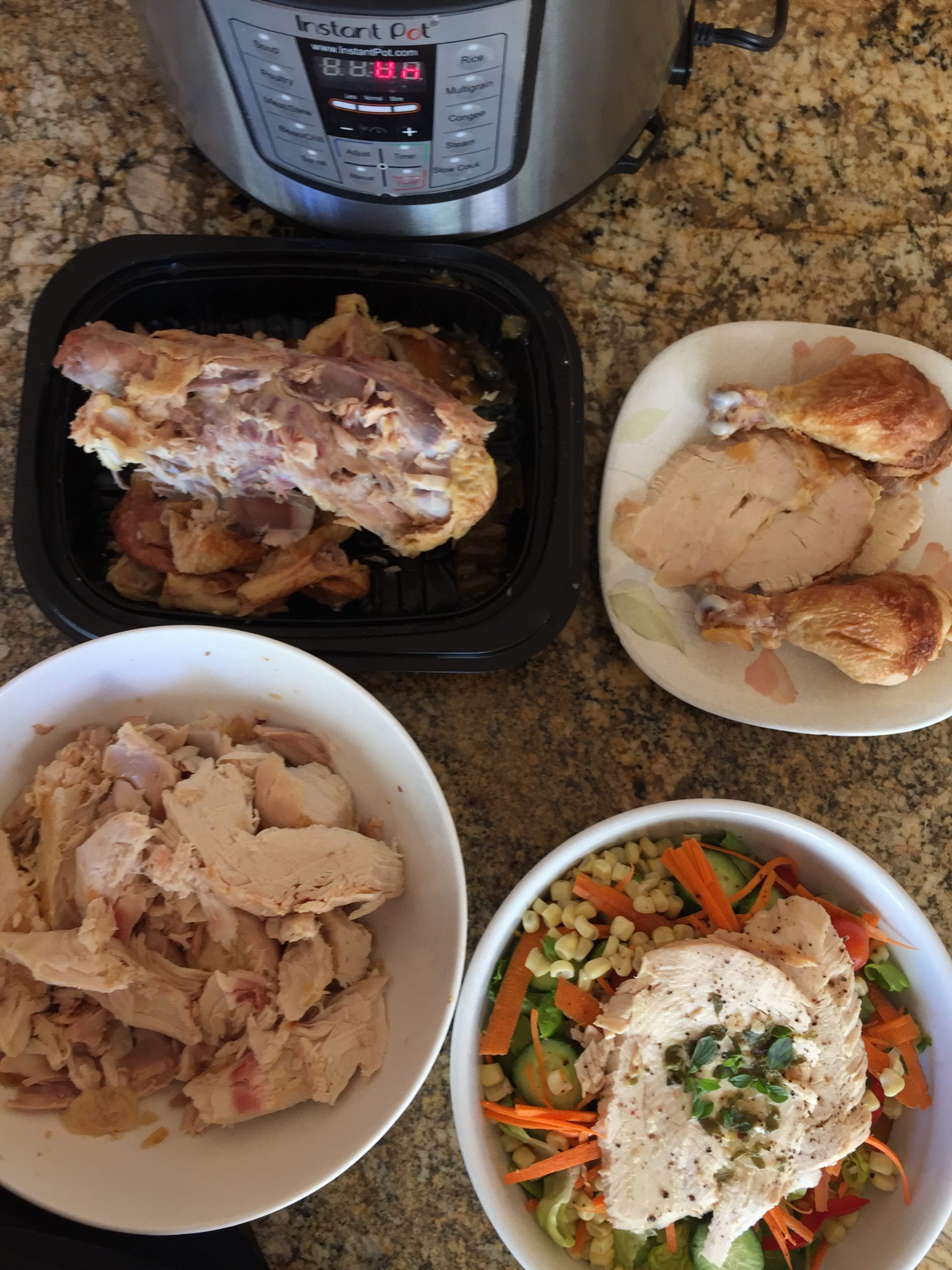 Rotisserie chicken with bones, shreds, slices, salad and instapot