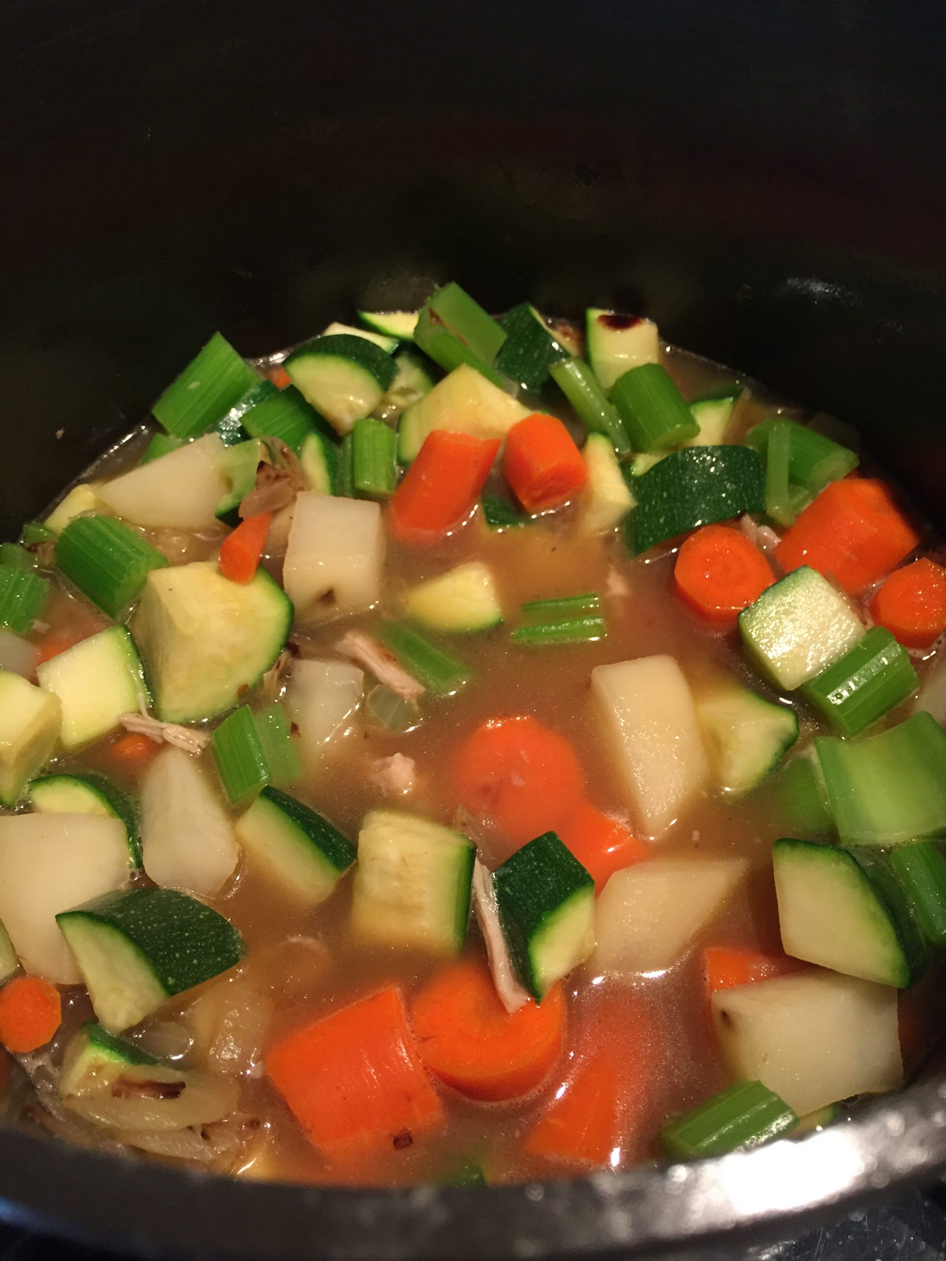 Add vegetable and broth to chicken and vegetable soup