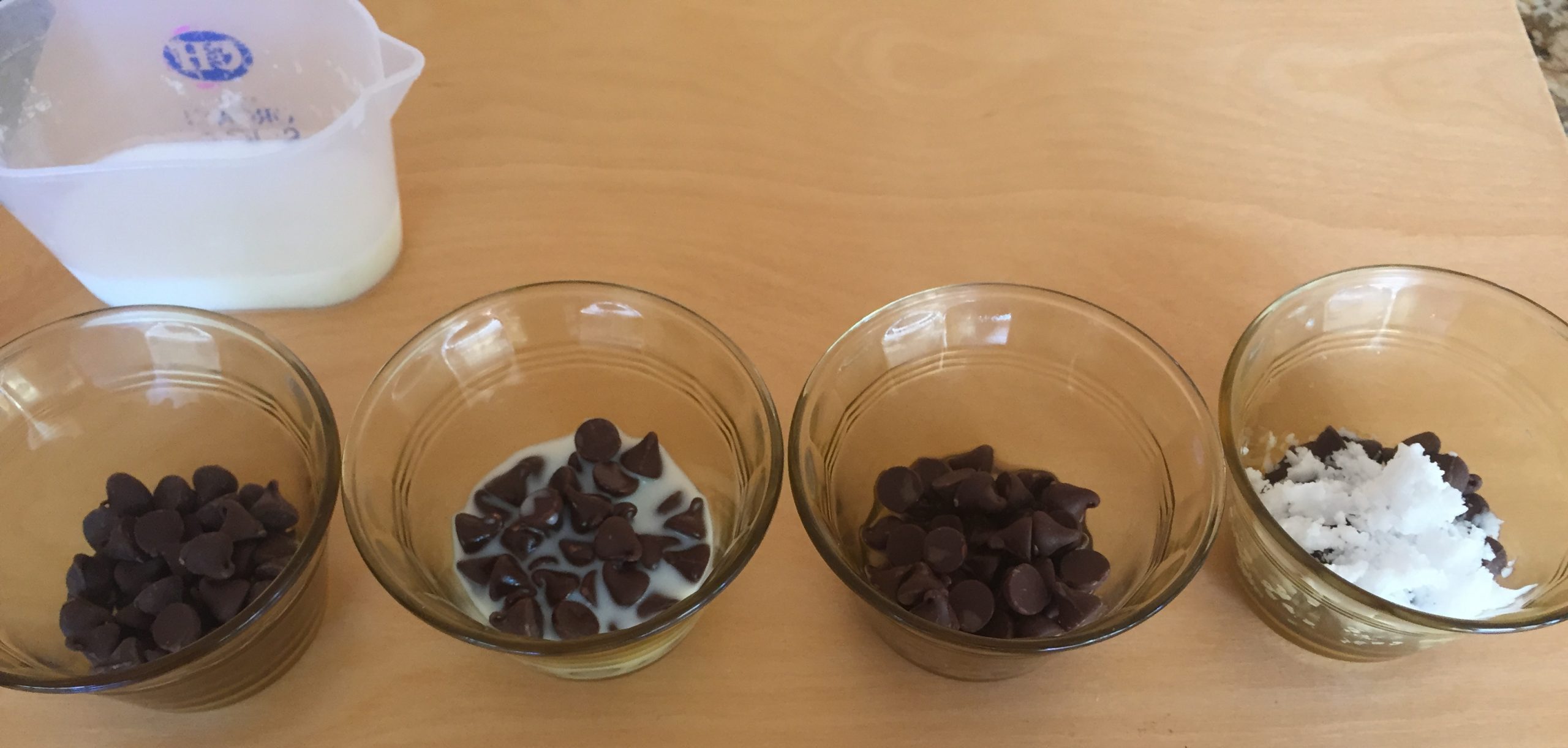 Microwaving chocolate experiment with milk, water and coconut oil