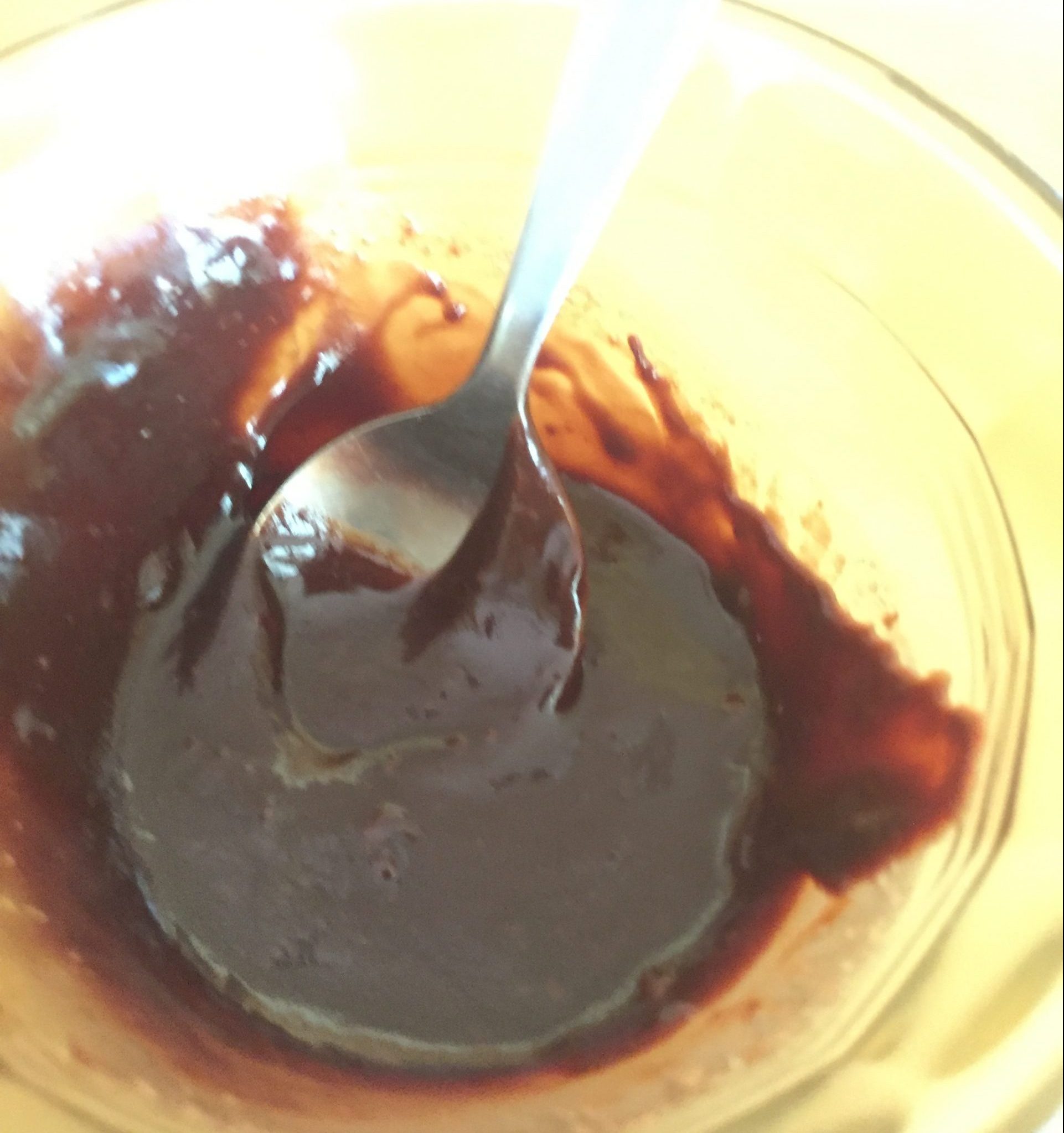 Melted chocolate with water added before microwaving