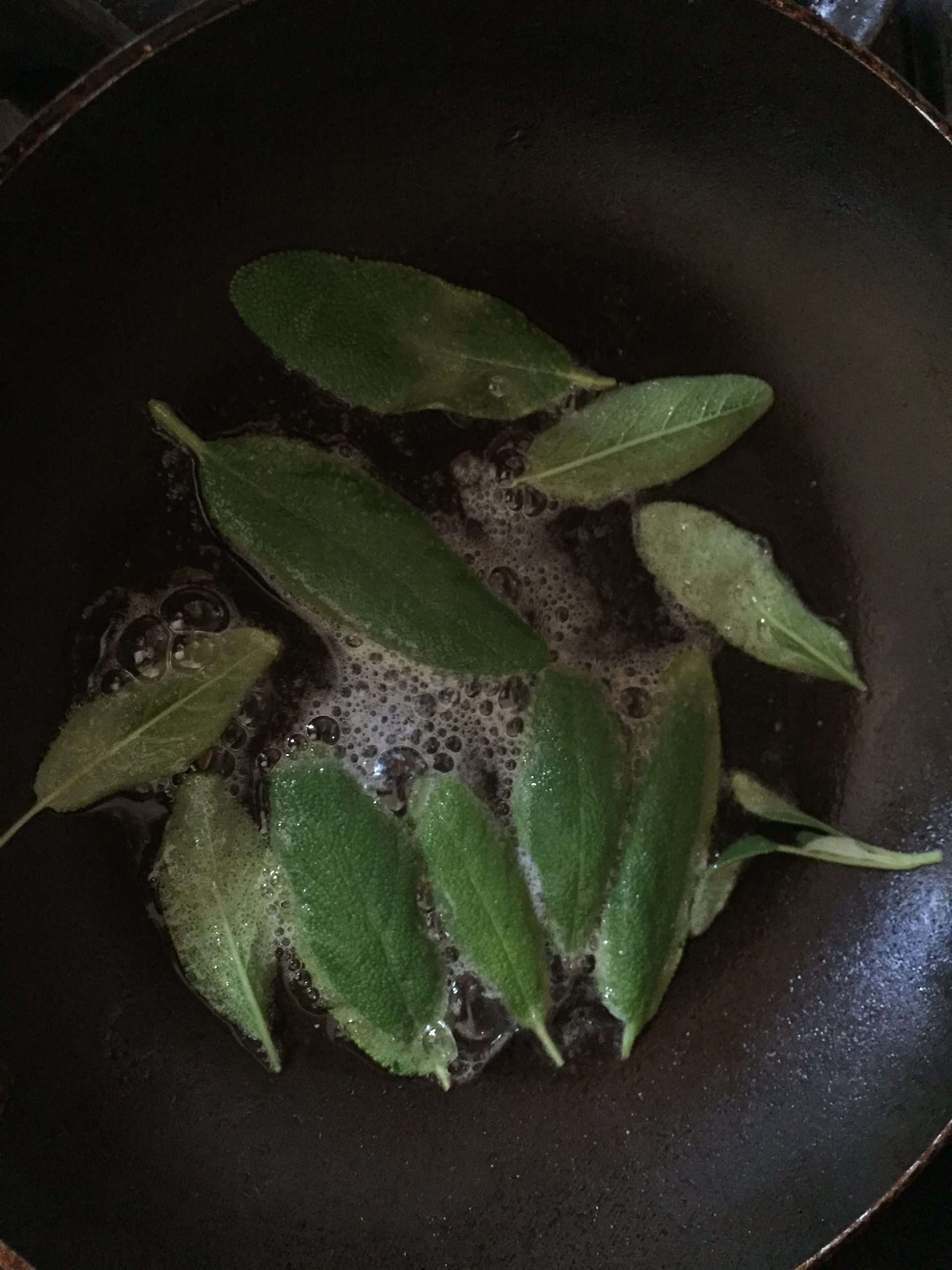 Saute sage leaves in butter-olive oil