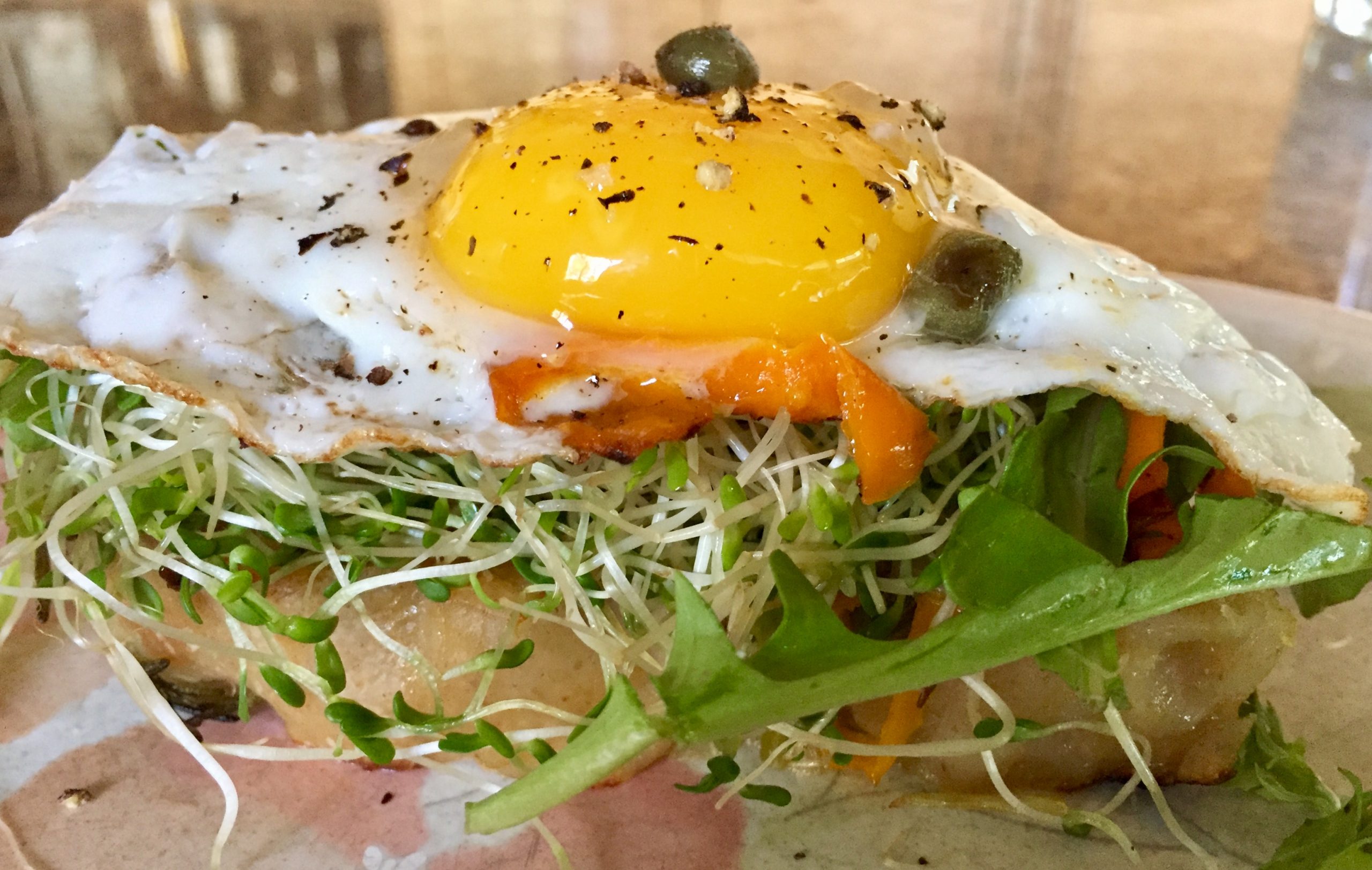 Thin slice focaccia with sprouts, arugula and egg