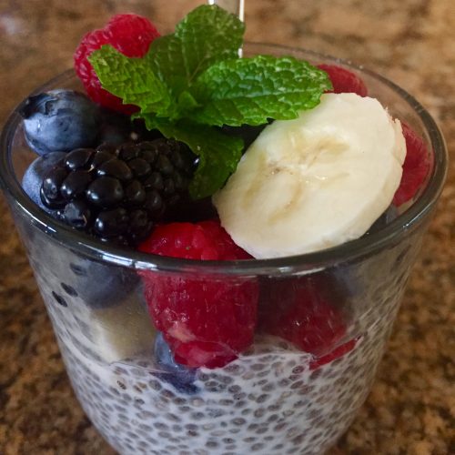 Chia seed breakfast parfait with fresh mint