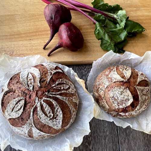 Beet chia sourdough bread