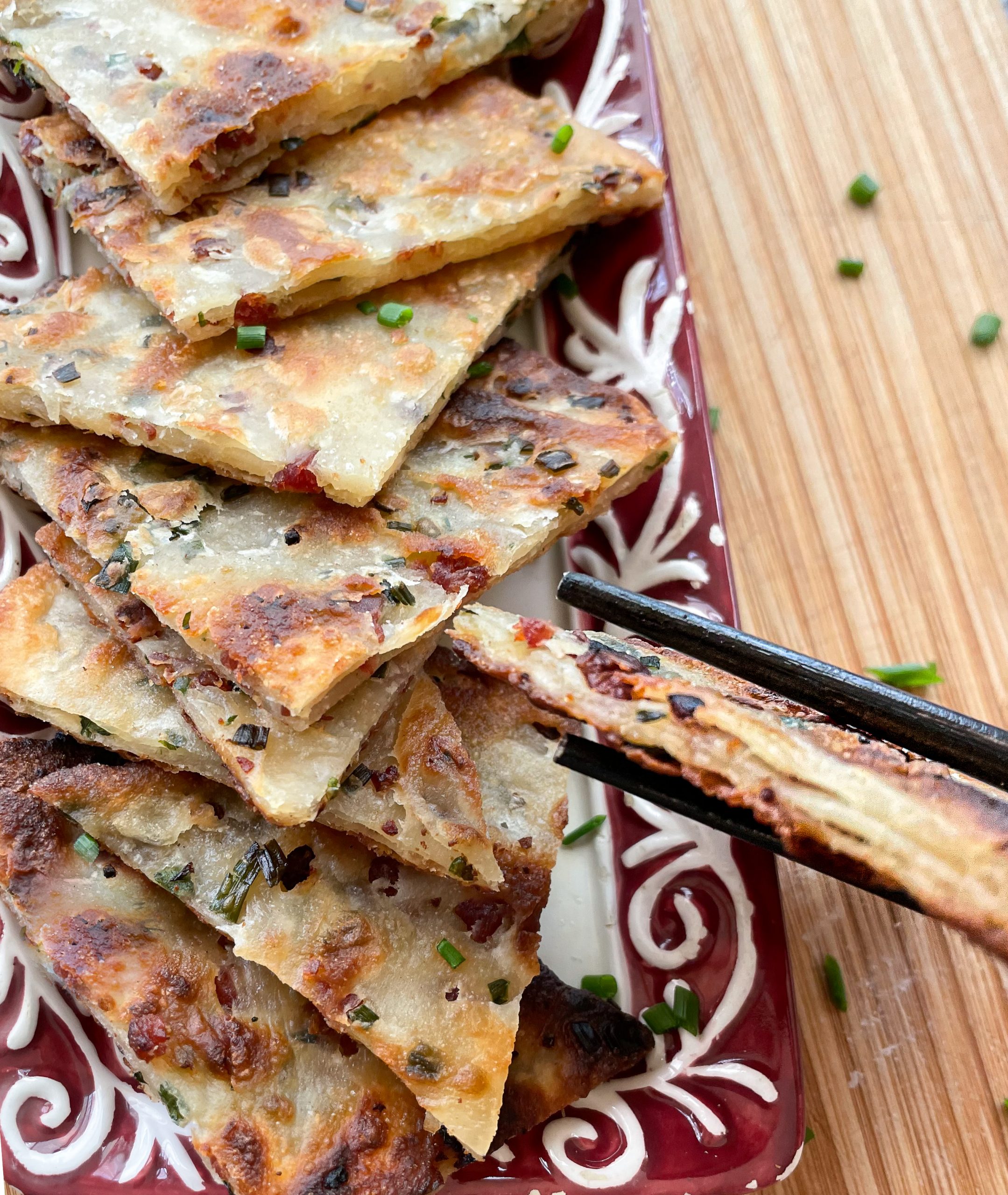 Flaky scallion pancakes with Chinese sausage