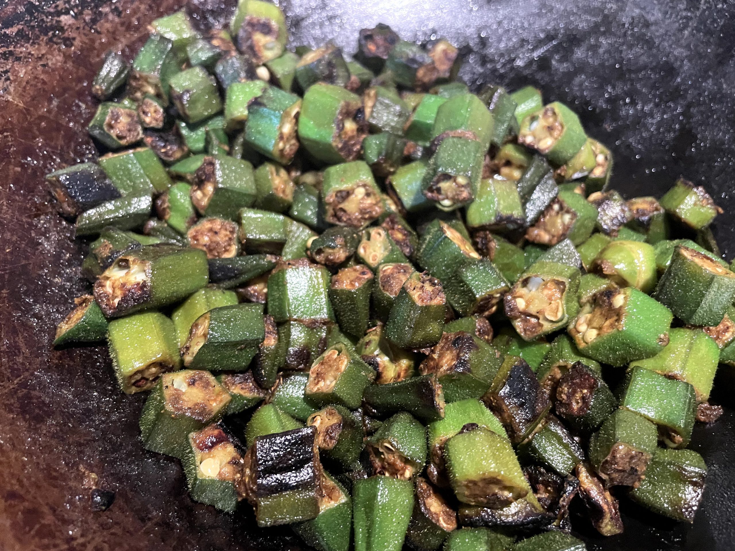Cooked okra, ready for salad.