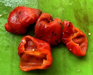 Peeled and seeded roasted red bell peppers.