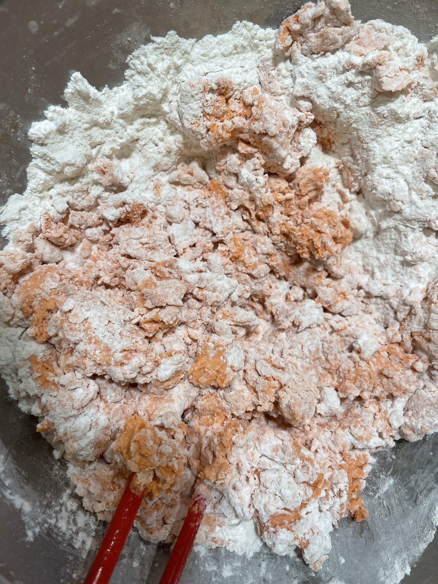 Dry and crumbly dough prior to hand kneading.