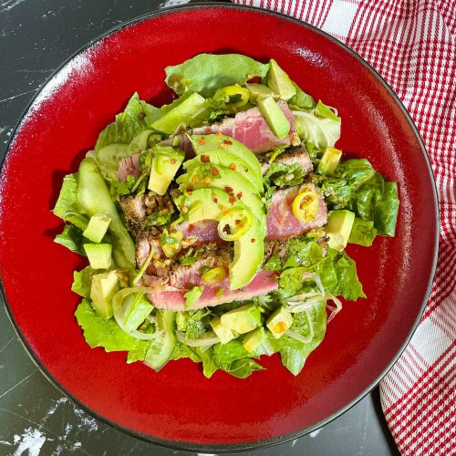 Tuna Tataki Salad with jalapeno soy dressing