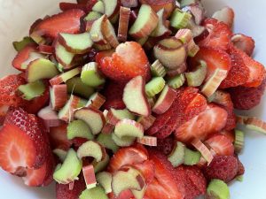 Sliced ripe strawberries and rhubarb.