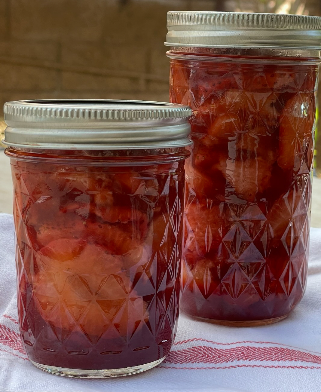 Low sugar strawberry rhubarb preserves in jar