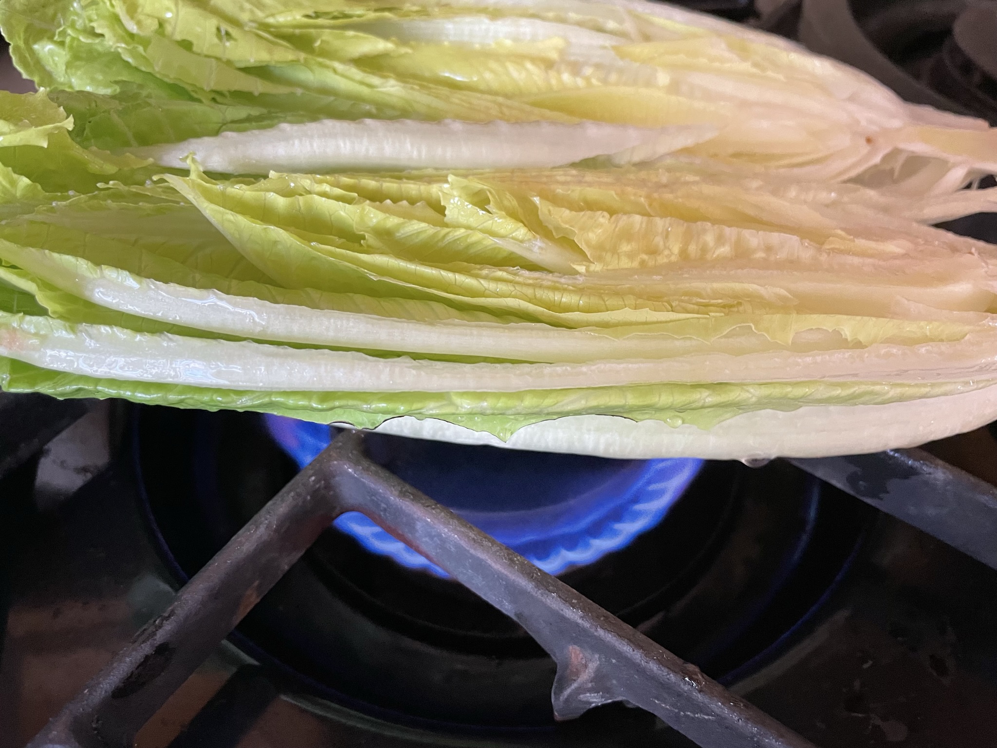Grill lettuce on top of gas oven stove top or BBQ
