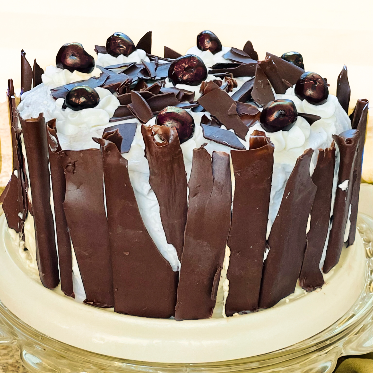 Black forest chocolate cake with chocolate shards.