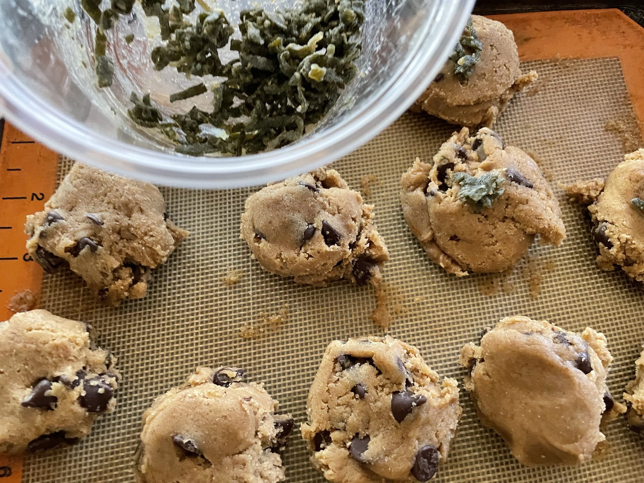 Add crisp sage and press into cookie dough.