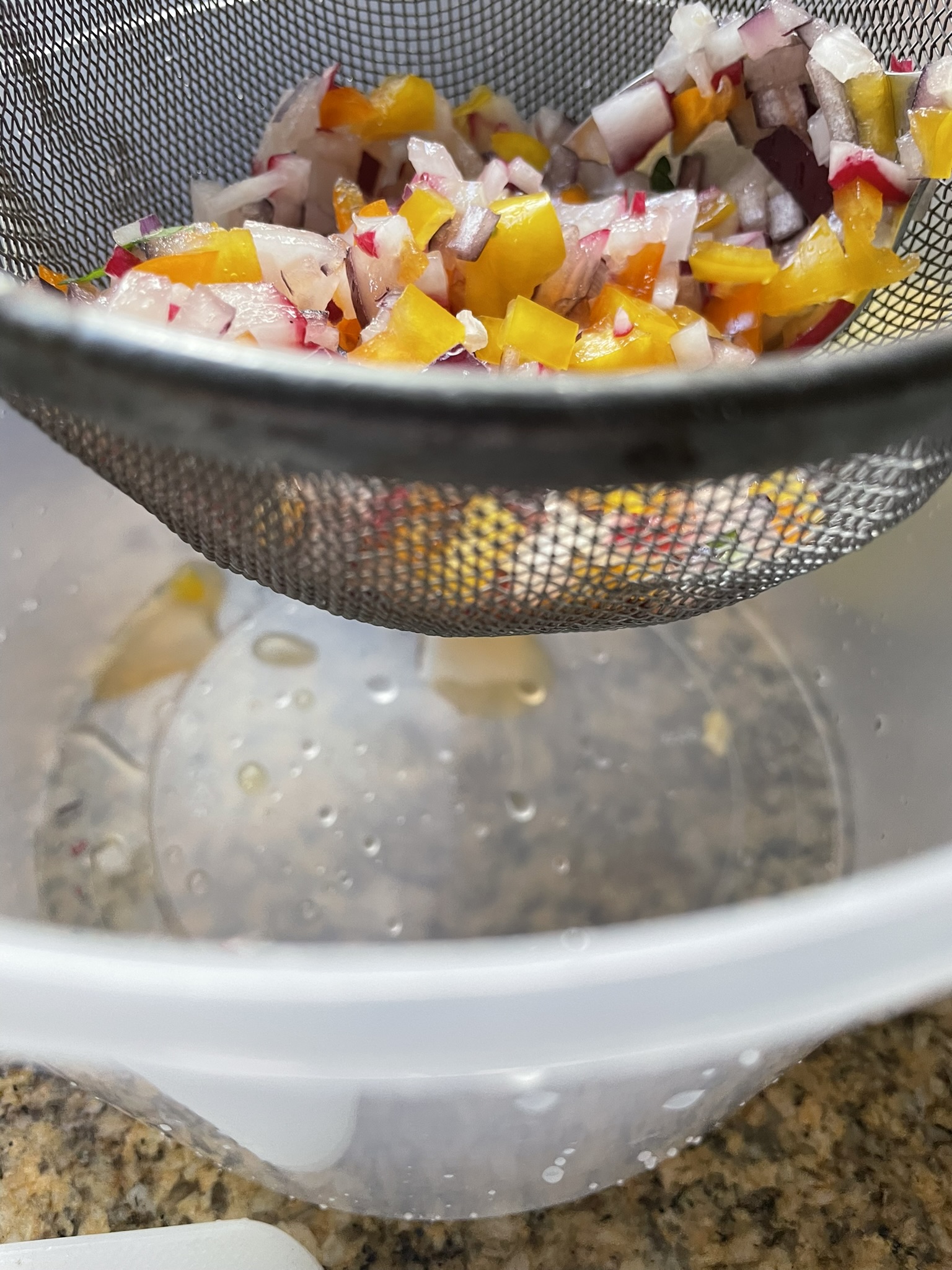 Allow salted diced vegetables to drain in a sieve.