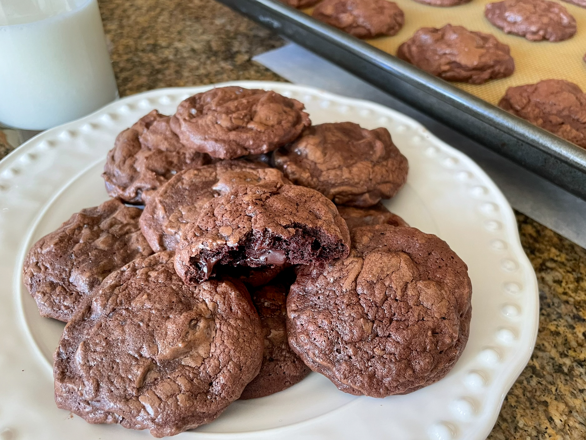 Double chocolate chip sourdough cookies with milk