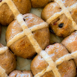 Sourdough, citrus flavored hot cross buns.