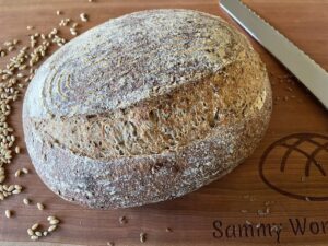 Baked chia and flax sourdough with stoneground hard white wheat berries.