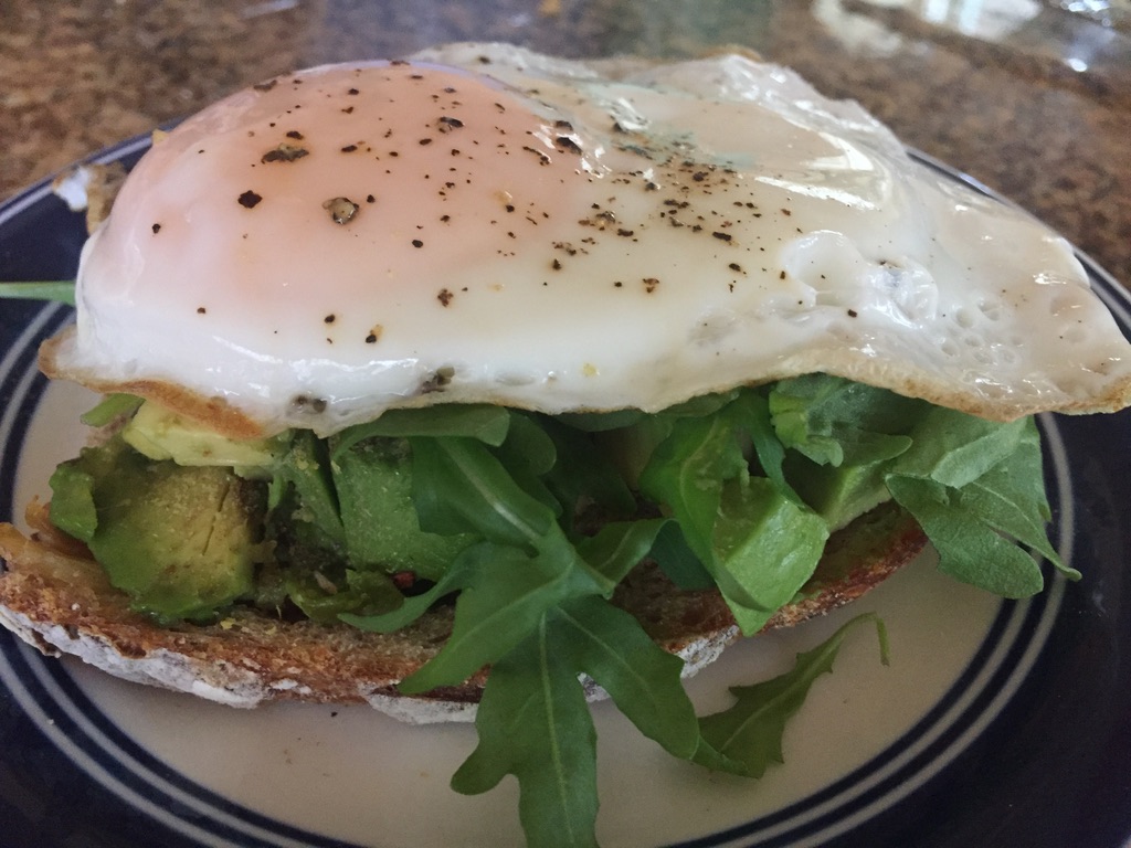 Avo toast, garden (hydroponic) arugula and a fried egg.