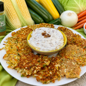 Summer Vegetable patties with caramelized maui onion dip