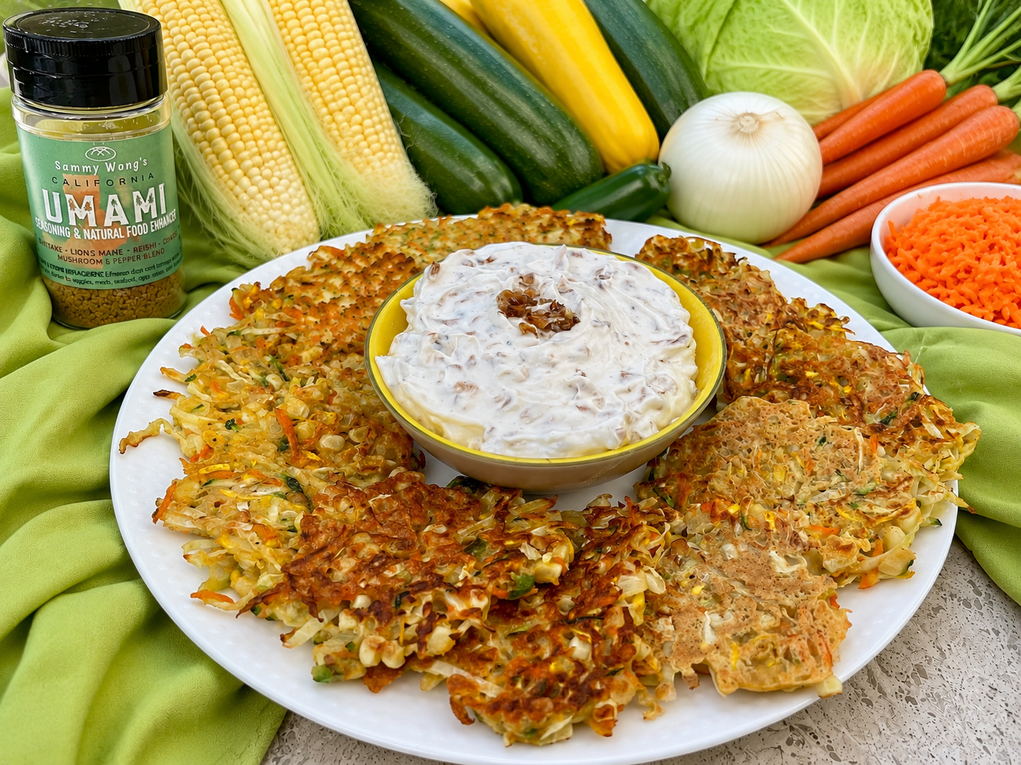 Summer Vegetable patties with caramelized maui onion dip